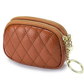 Genuine Leather Zip Mini Coin Purse w/Key Ring, Small 2 Zippered Change Pouch Wallet Women's Card Holder TASSINI (Brown)